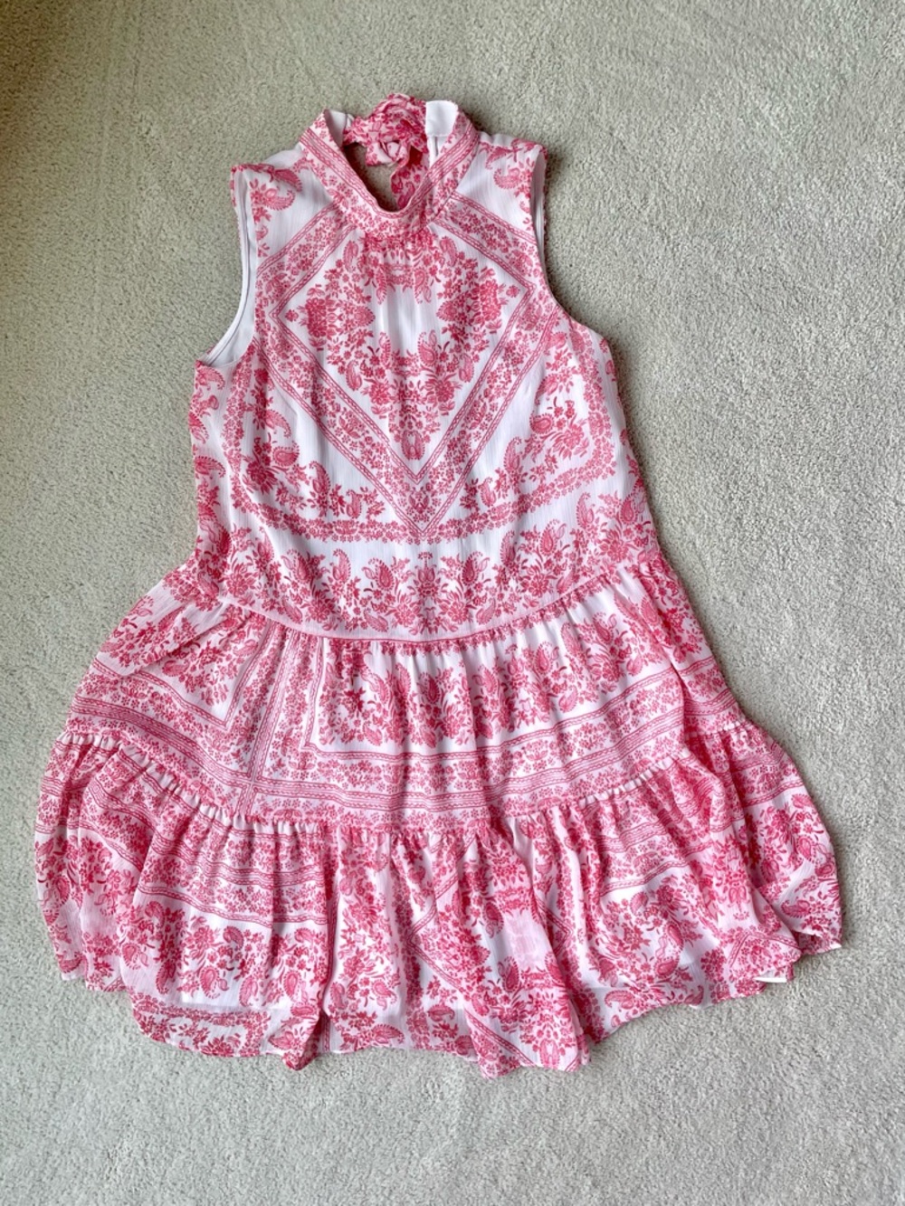 Paisley Pink/White Mock Neck Sleeveless Flowy Dress | Calvin Klein | Size 2 - Picture 10 of 13